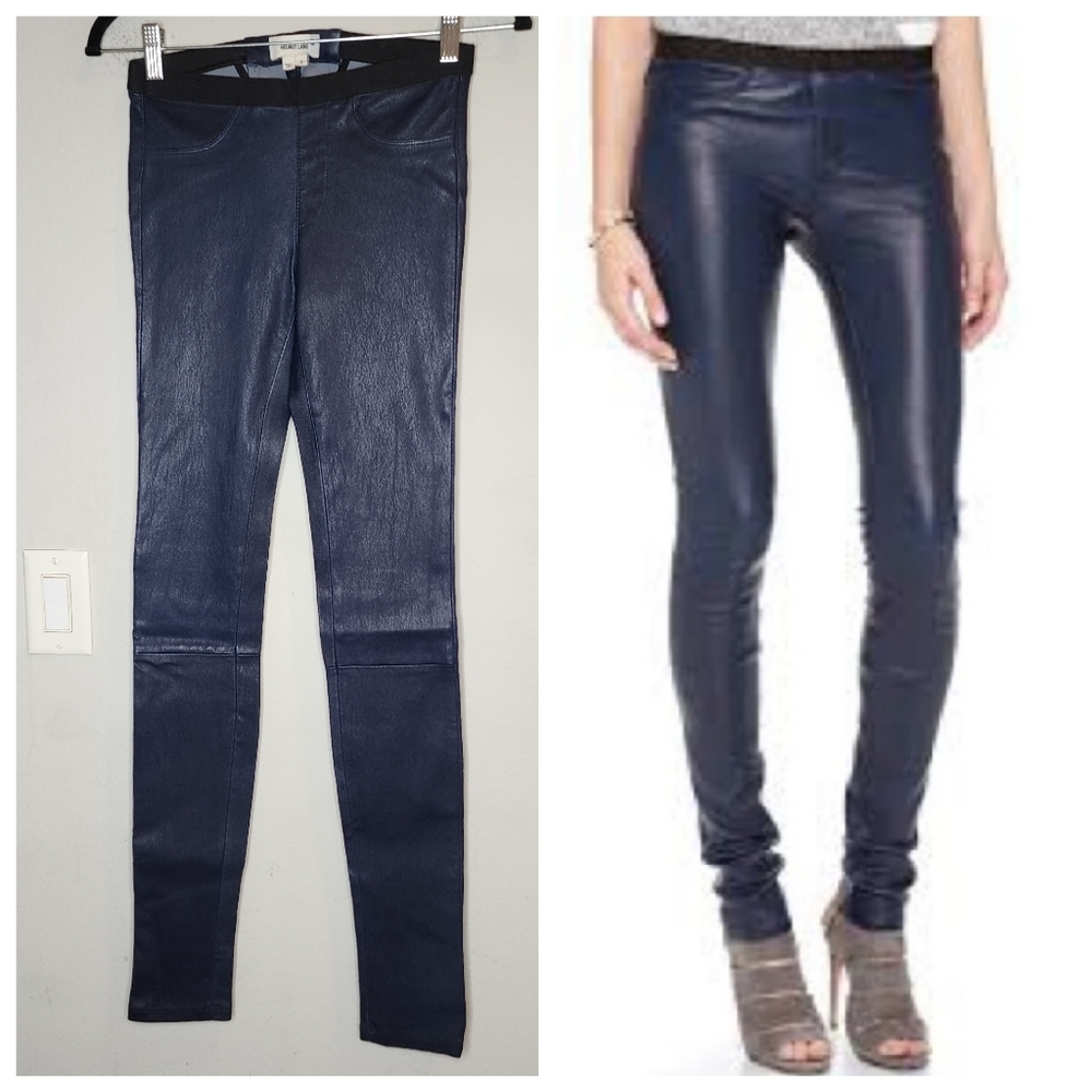 Helmut Lang 100% Lamb Leather Pull On Blue Stretch Legging Skinny Pants‎ Size 0